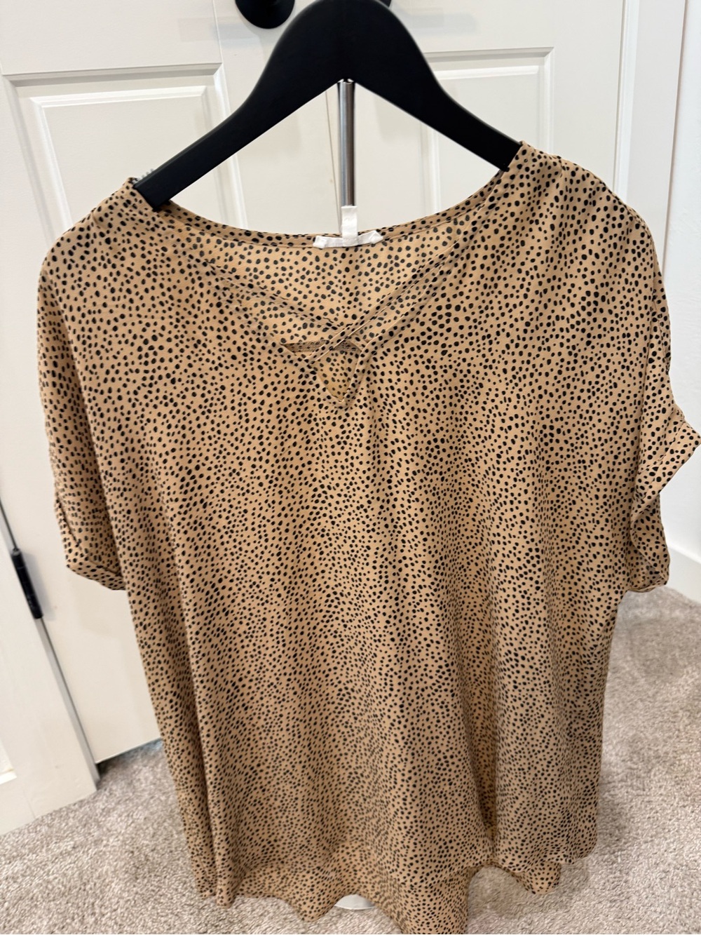Maurices Tan Short Sleeve Top with Black Dot Print